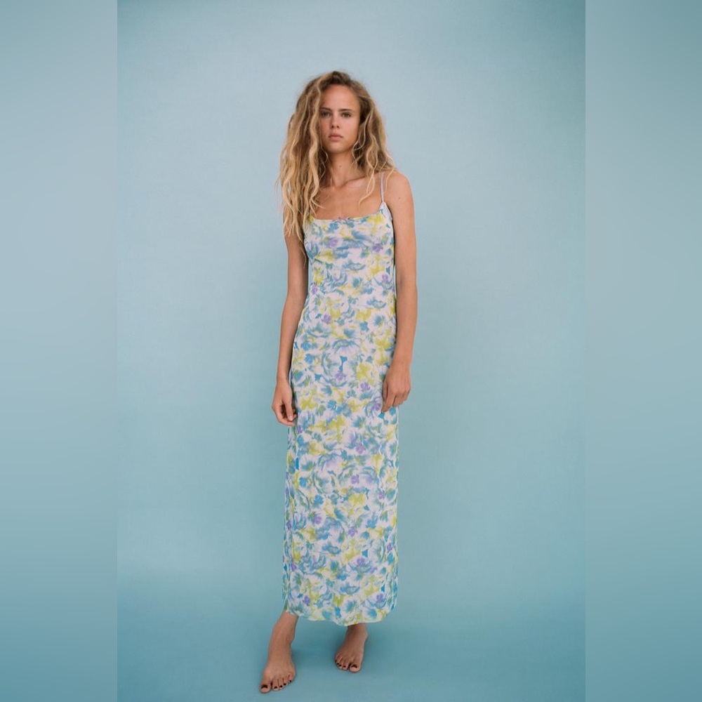 Zara Printed Tulle Midi Dress with Bow M